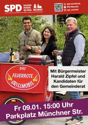 Das feuerrote Grillmobil mit Bürgermeister Harald Zipfel und Kandidaten für den Gemeinderat