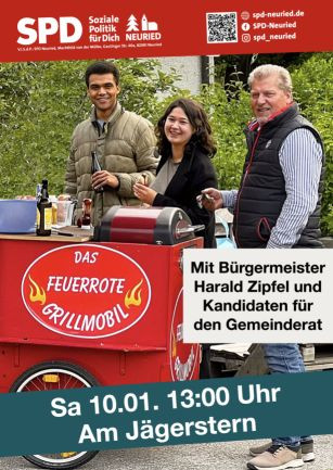 Das feuerrote Grillmobil mit Bürgermeister Harald Zipfel und Kandidaten für den Gemeinderat
